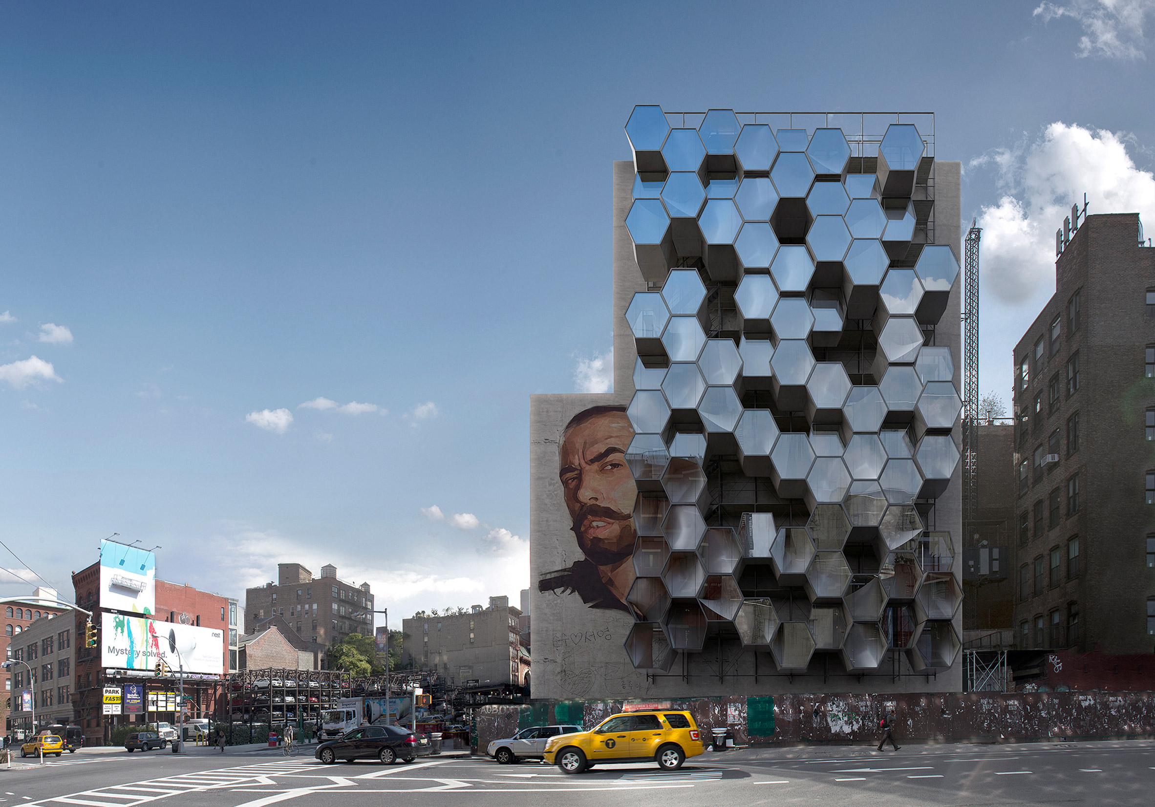Framlab proposes parasitic hexagonal pods to sleep New York's homeless