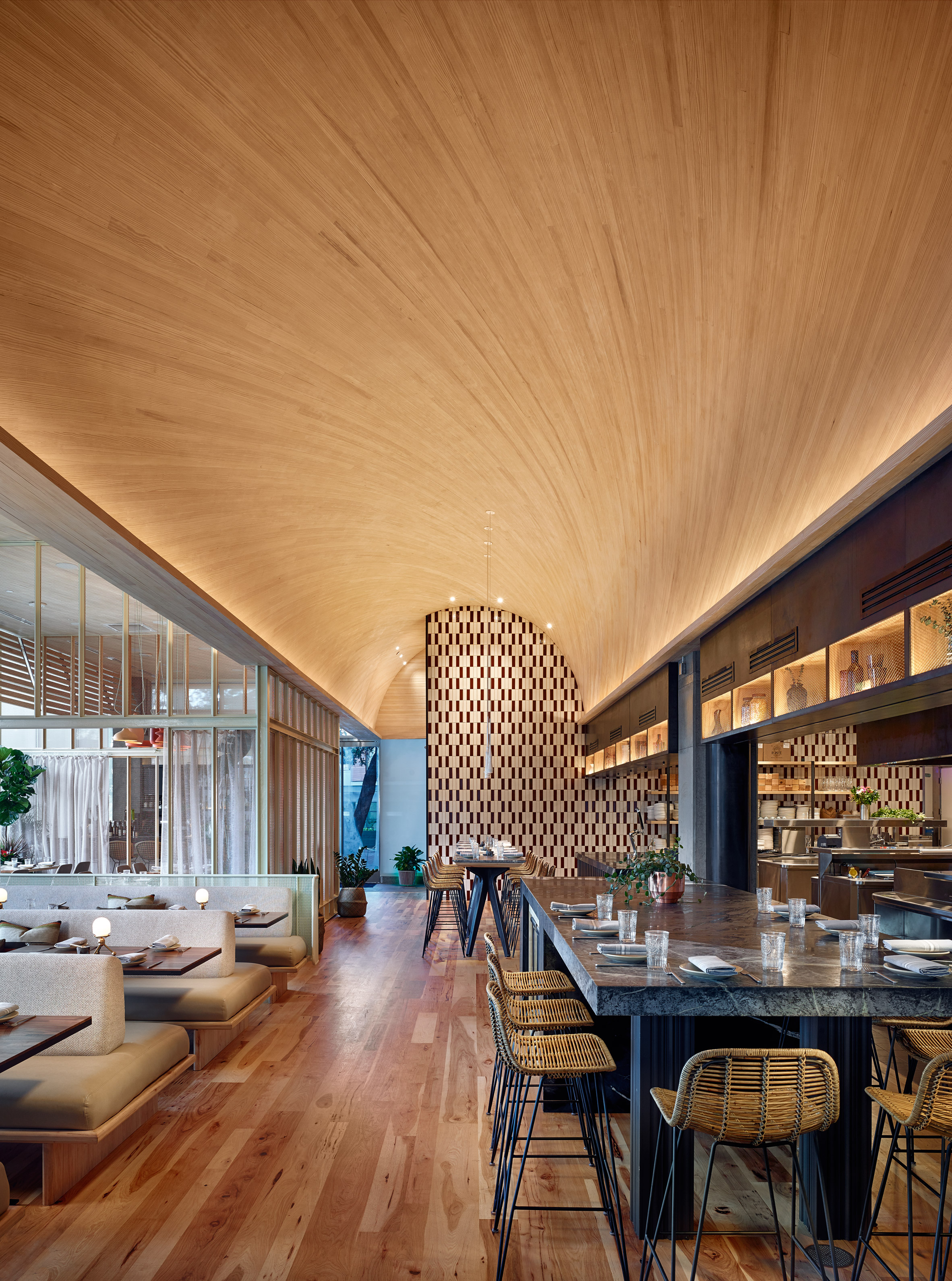 Wooden Ceiling Curves Over Restaurant In Austin By Michael Hsu