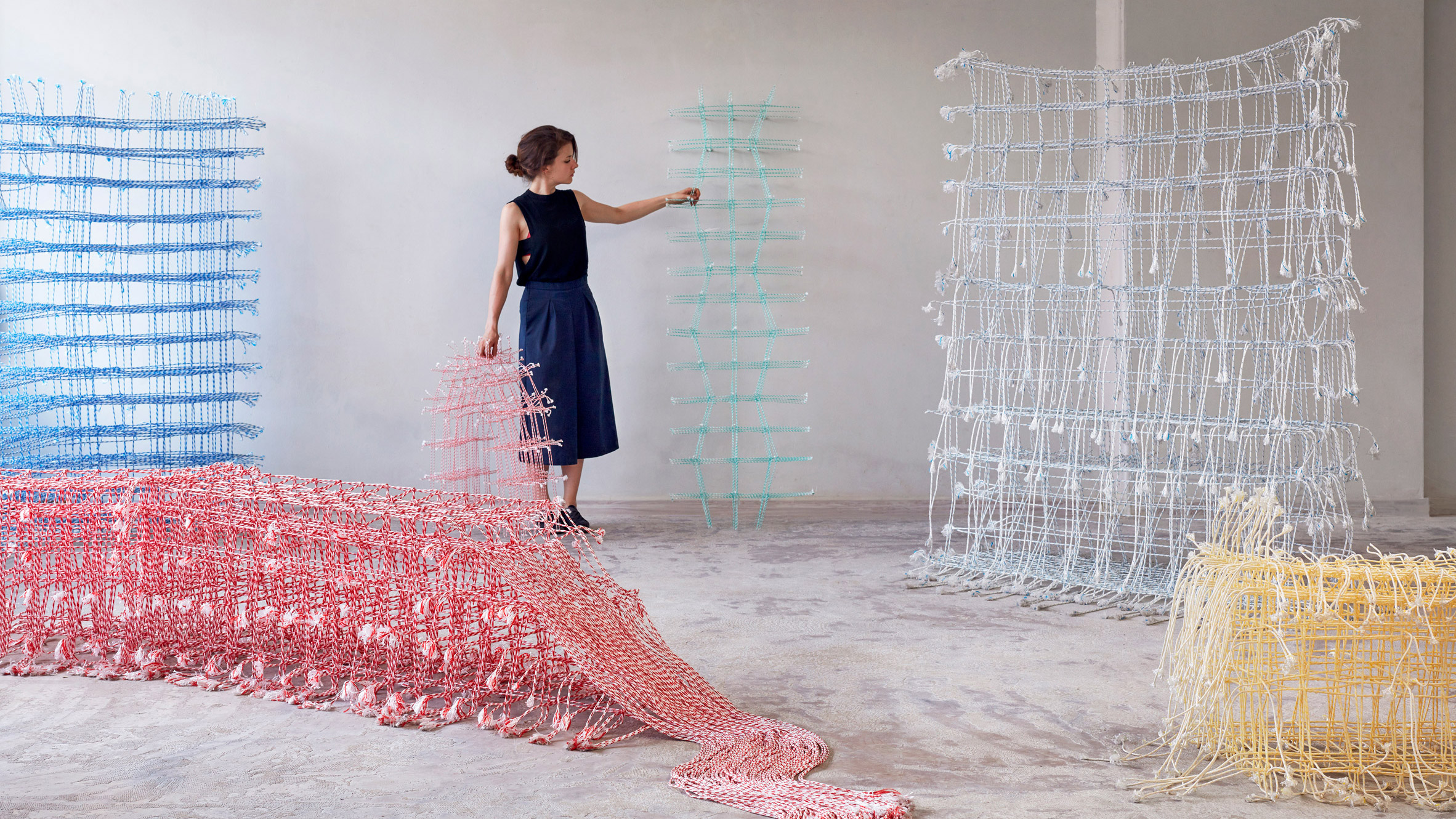 Fransje Gimbrere creates sculptures from natural fibre and recycled plastic
