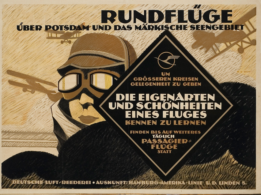 Poster from 1919 featuring Otto Firle's flying-crane logo for Deutsche Luft-Reederei, Lufthansa’s predecessor.
