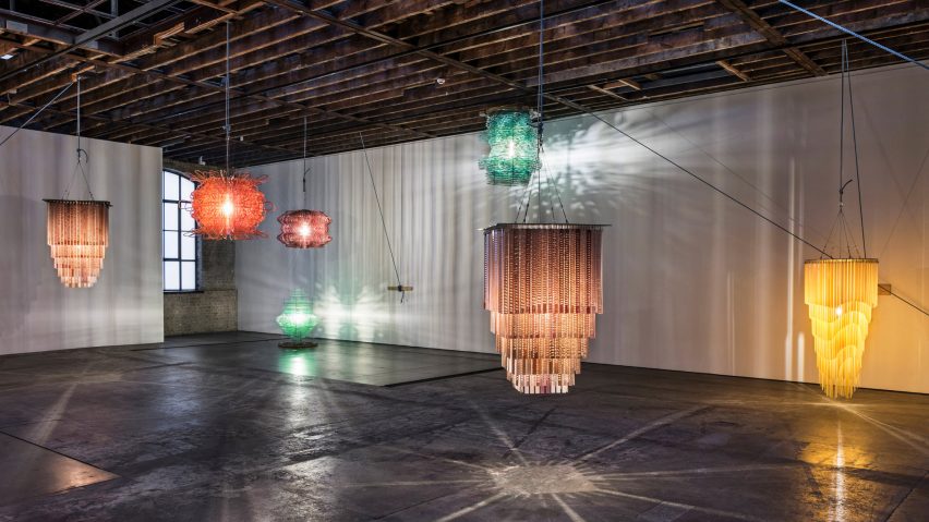 Cuban-American artist Jorge Pardo has created a series of large-scale plastic resin chandeliers and laser-cut birchwood "paintings" for an exhibition at gallery Victoria Miro in London. 