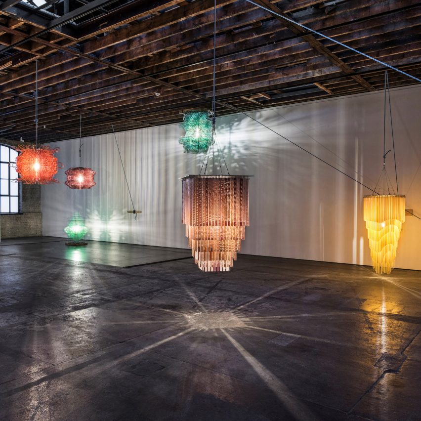 Cuban-American artist Jorge Pardo has created a series of large-scale plastic resin chandeliers and laser-cut birchwood "paintings" for an exhibition at gallery Victoria Miro in London. 