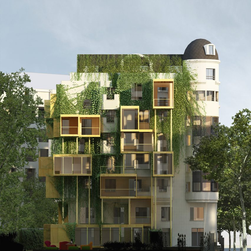 Malka Architecture has proposed adding cubed parasitic extensions to an apartment building in Paris