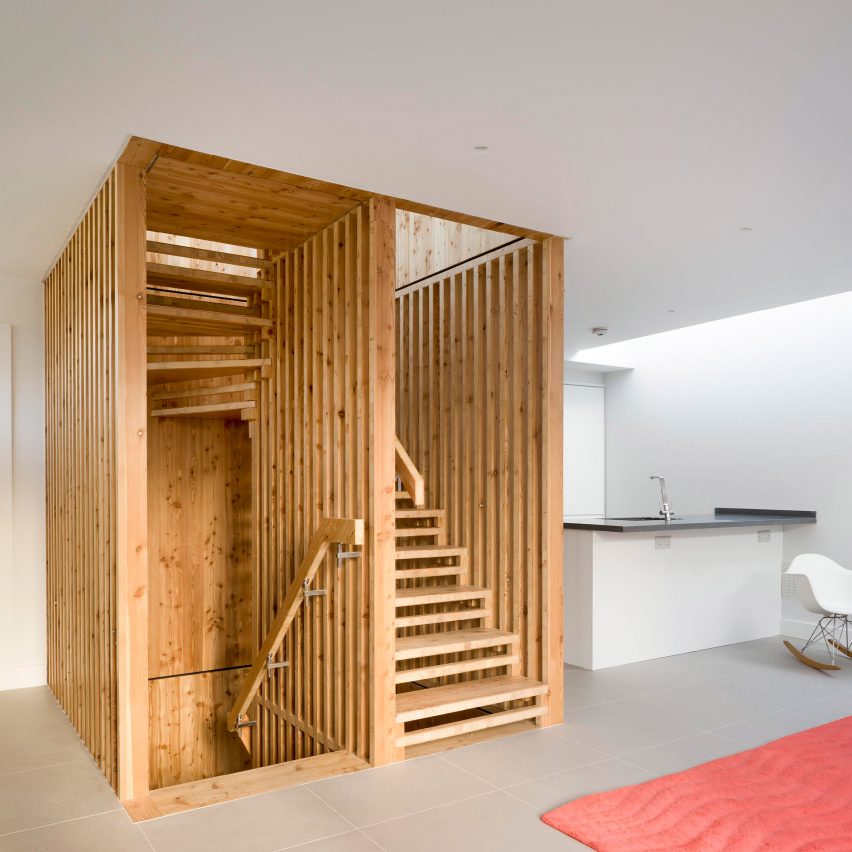 Hundreds of timber components slot together to form statement staircase at WG+P's Askham Road house