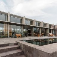 Board-marked concrete walls frame pool views from AT House