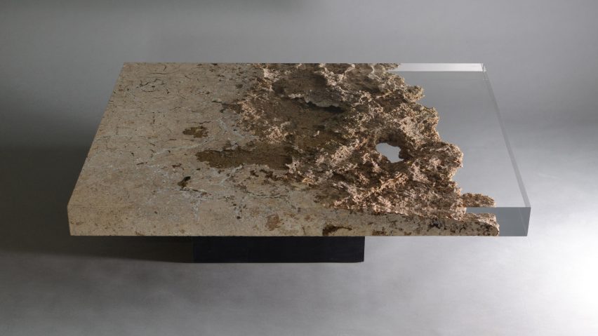 Alcarol and Vaselli create table and stools from travertine encased in resin