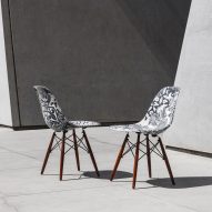 Shepard Fairey and Keith Haring artworks applied to mid-century chairs