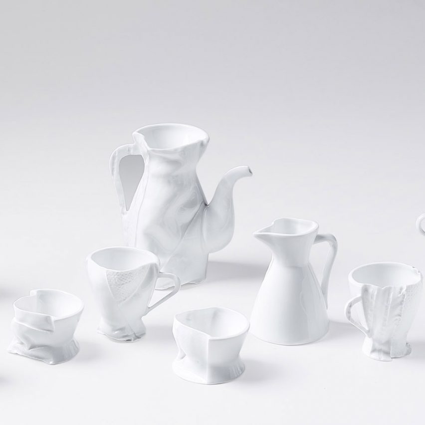 Zhekai Zhang's creates "imperfect" ceramics using fabric moulds