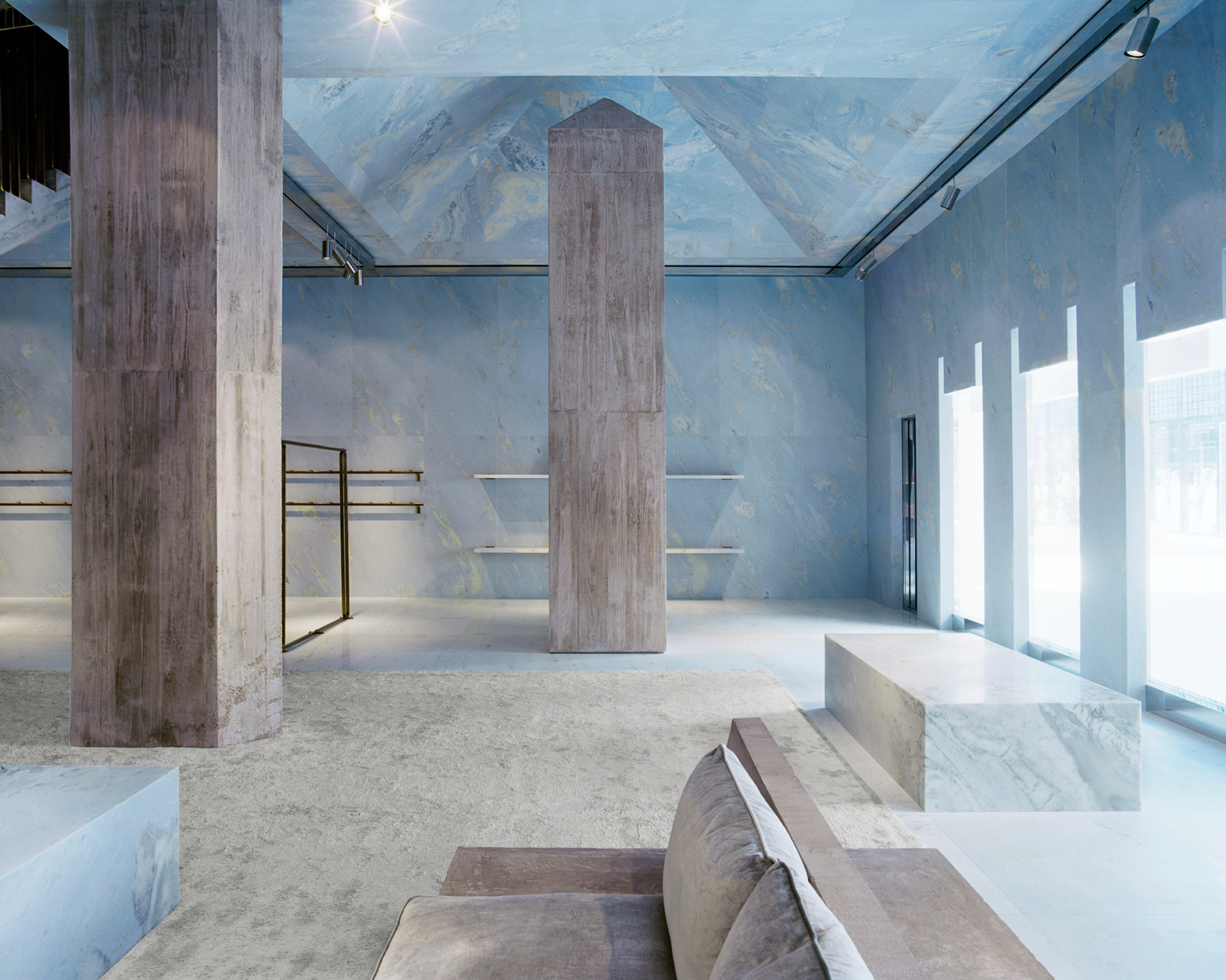 Valerio Olgiati uses sky blue marble for interiors of Céline store