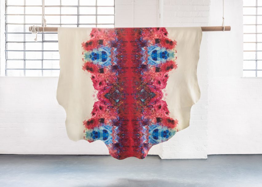 Graphic leather hide by Timorous Beasties features splatters and dribbles of colour 
