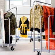 Warehouse equipment displays garments at Browns Fashion pop-up in LA