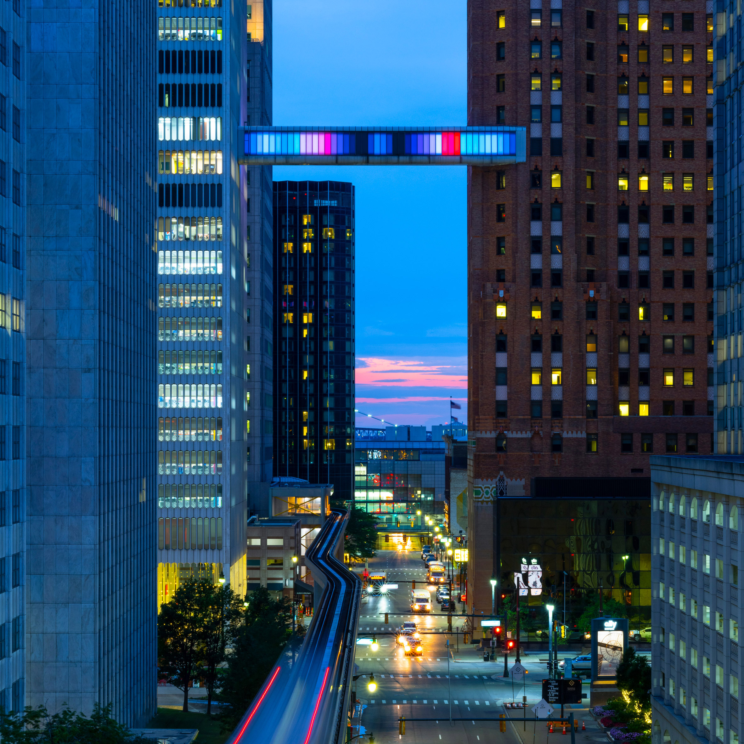 Phillip K Smith III's Detroit Skybridge glows with blocks of colour
