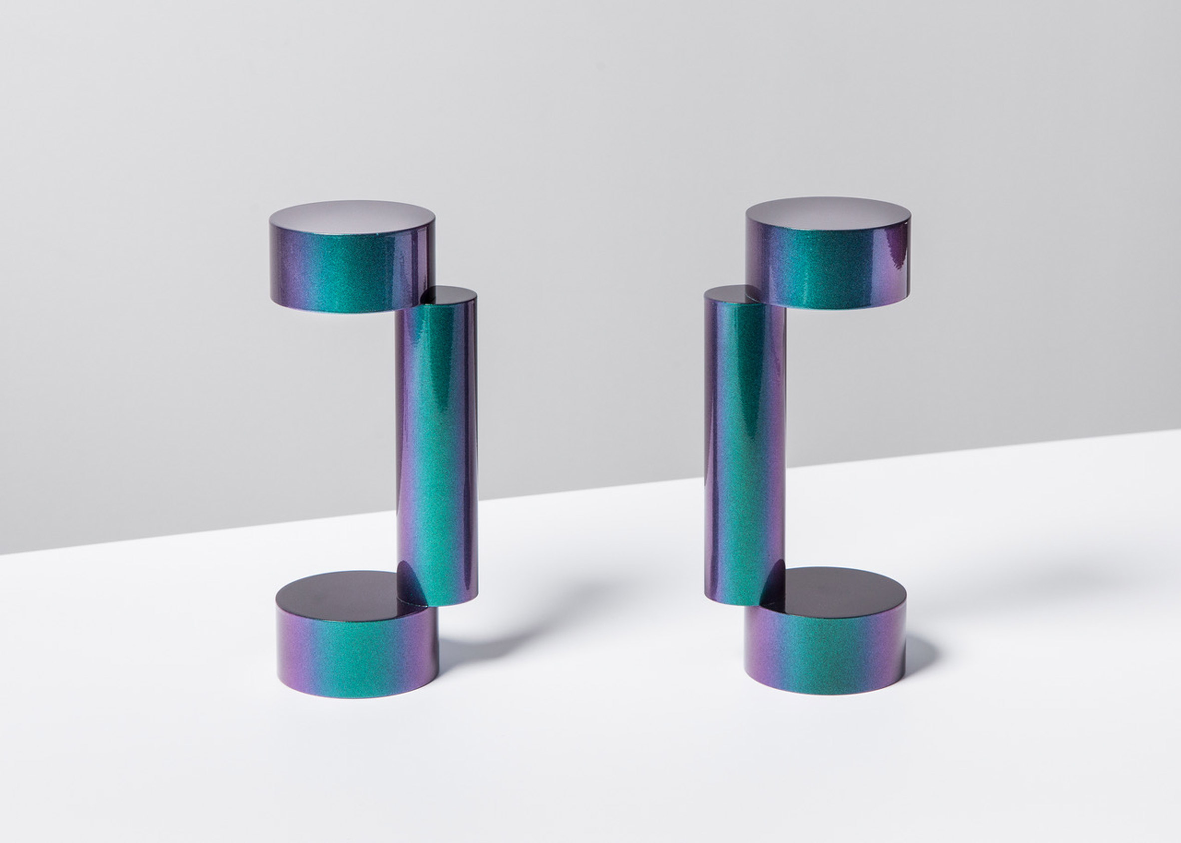 Iridescent free weights double as geometric sculptures
