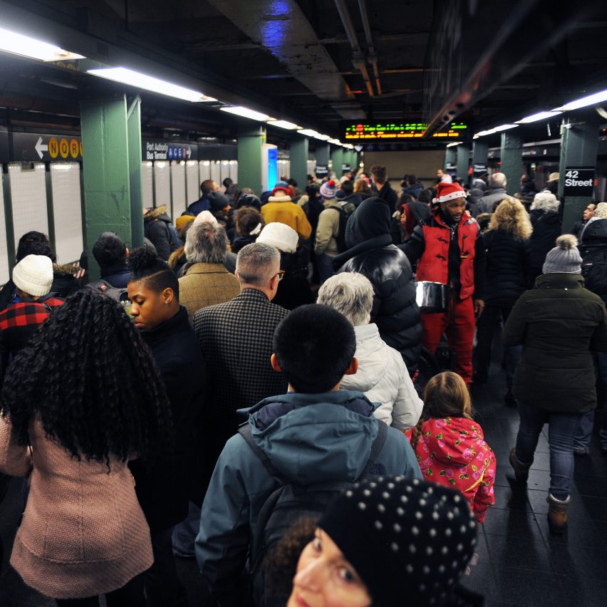 Crowded New York City subway station