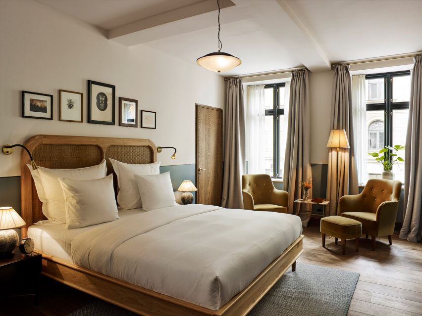 A guestroom at Hotel Sanders in Copenhagen, designed by Lind + Almond