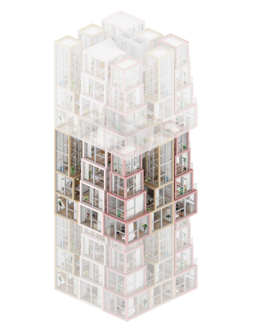 Tower Within a Tower is a proposal by Chicago studio Kwong von Glinow to build blocks formed of vertical apartments with rooms stacked on top of each other