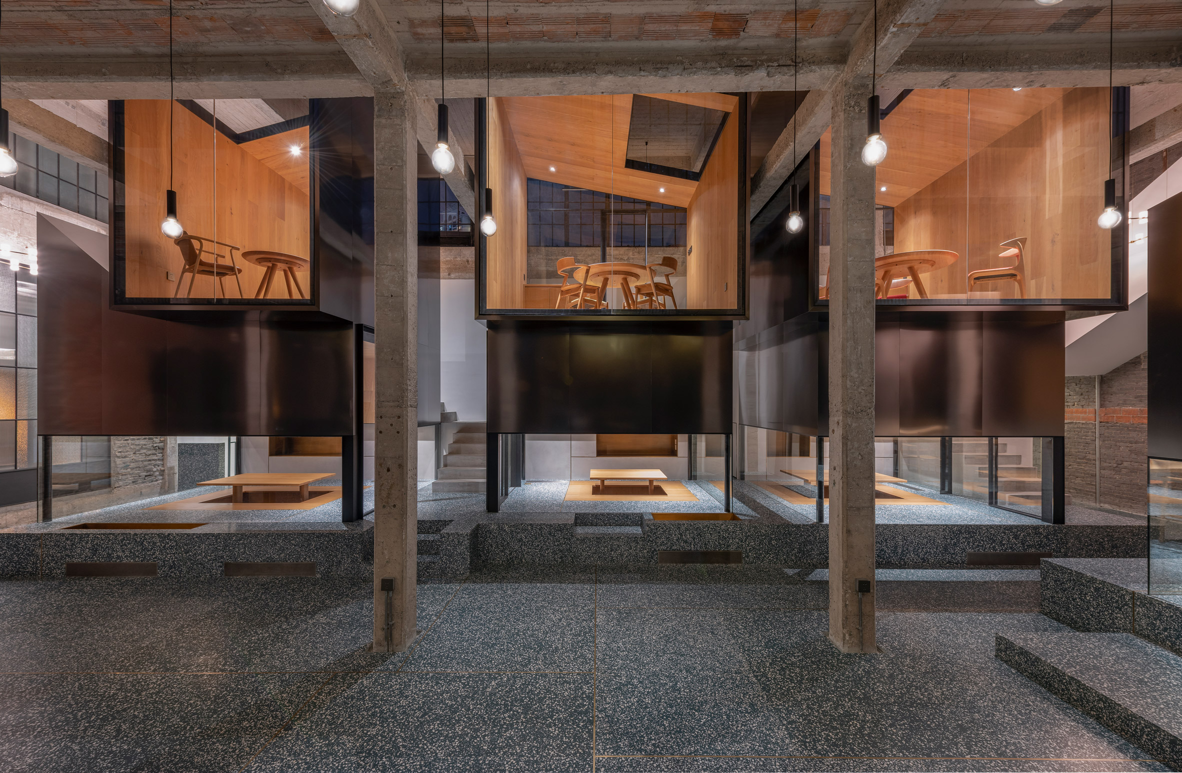 Linehouse adds elevated tearooms in a warehouse for Tingtai Teahouse in Shanghai