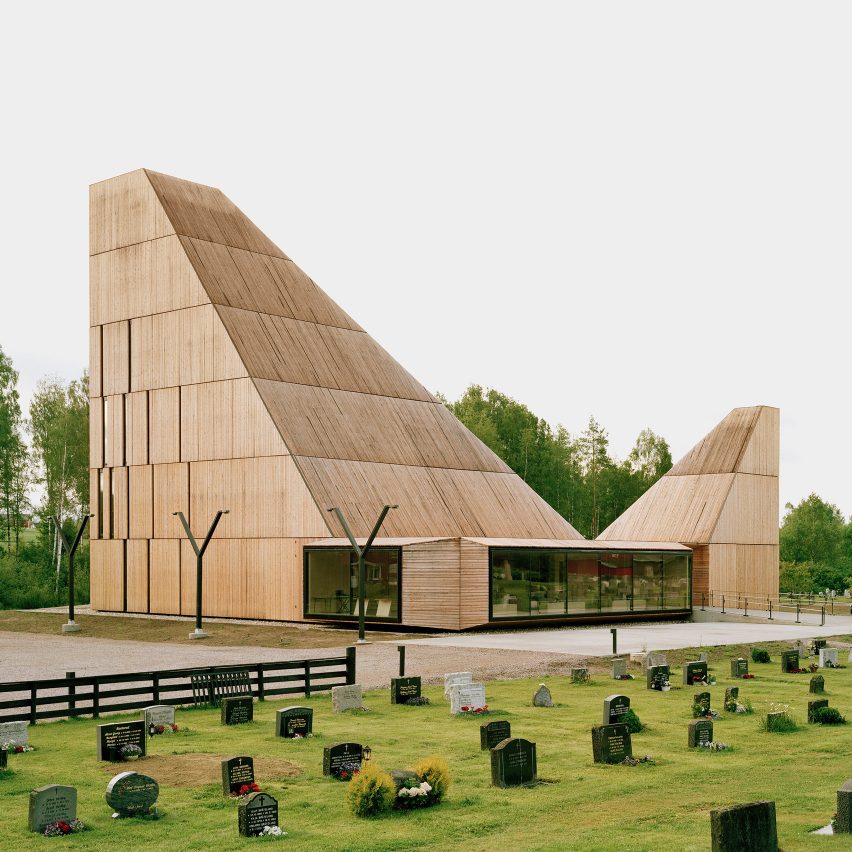 Våler Kirke church has angular wooden roofs designed to evoke its historic predecessor