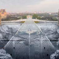 Watch JR construct a giant optical illusion around IM Pei's Louvre Pyramid