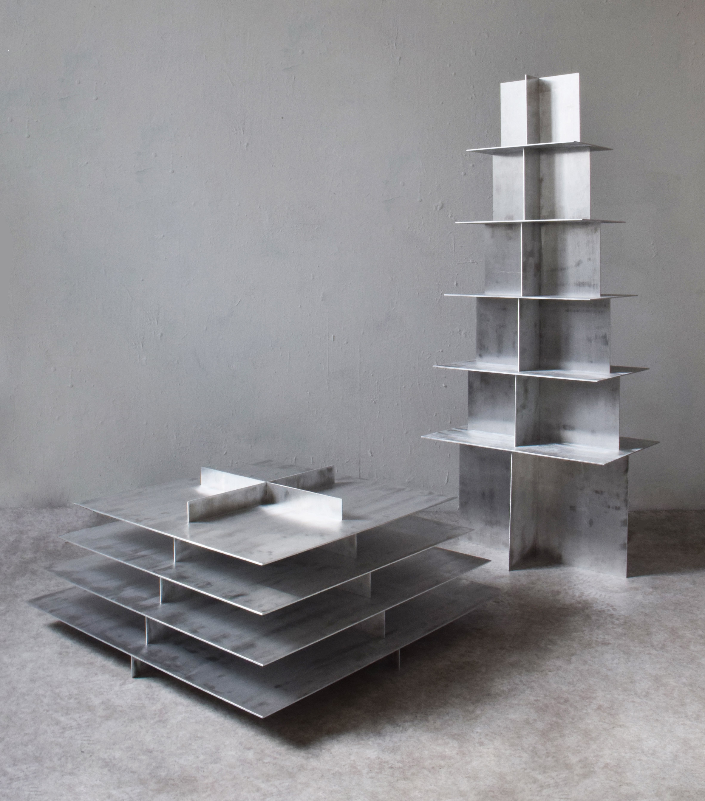Pyramid aluminium shelves by Bram Vanderbeke and Wendy Andreu