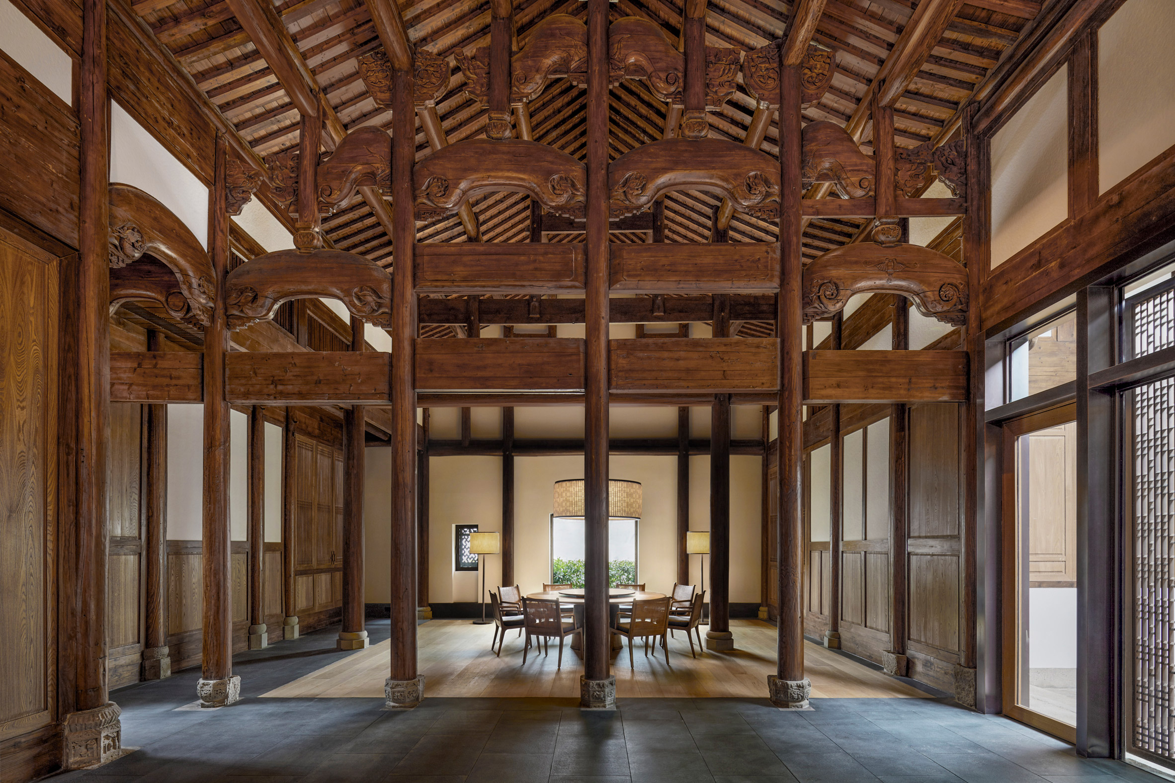 Wooden interiors of Amanyangyun hotel