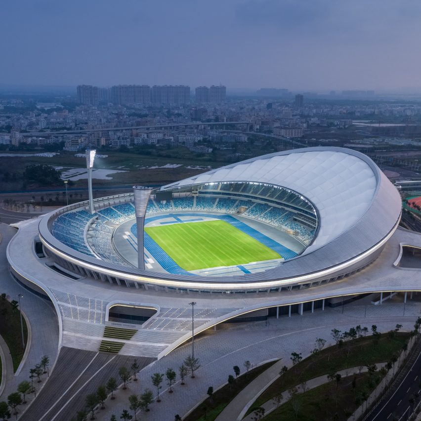 Aluminium louvres and a membrane roof shade Wuyuanhe Stadium by GMP Architekten