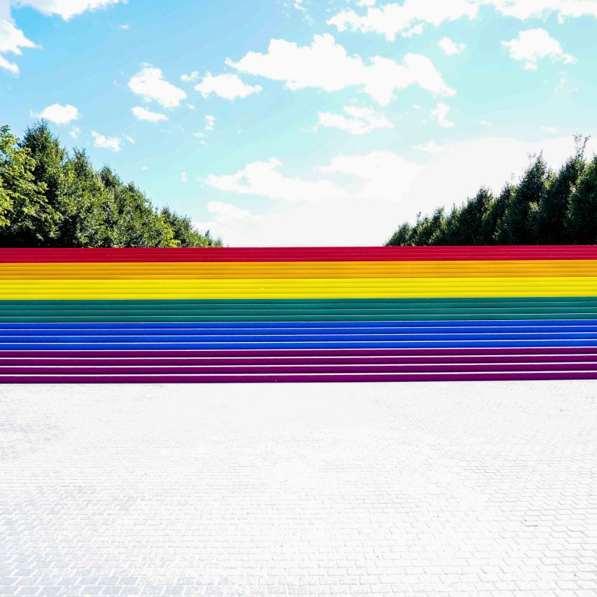 Louis Kahn's Four Freedoms State Park coloured with rainbow flag for Pride Month 2019