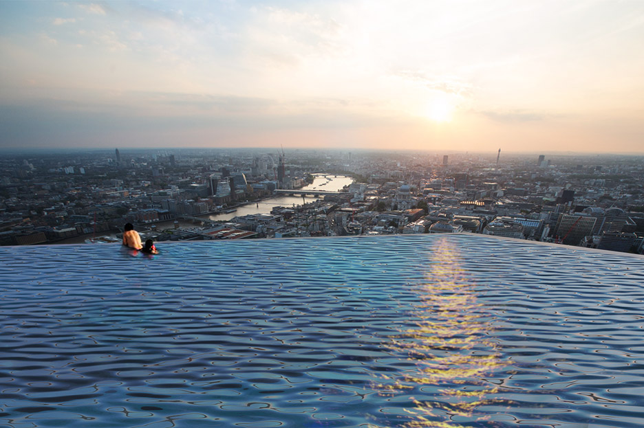 Compass Pools has unveiled their concept for a four-sided infinity pool designed to sit on a 220-metre tower in London and accessed via a submarine-style door
