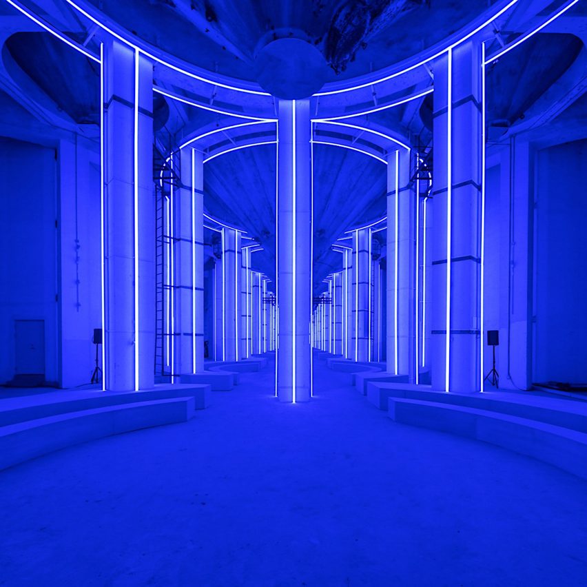 AMO creates blue-lit runway in Shanghai's Silo Hall for Prada menswear show