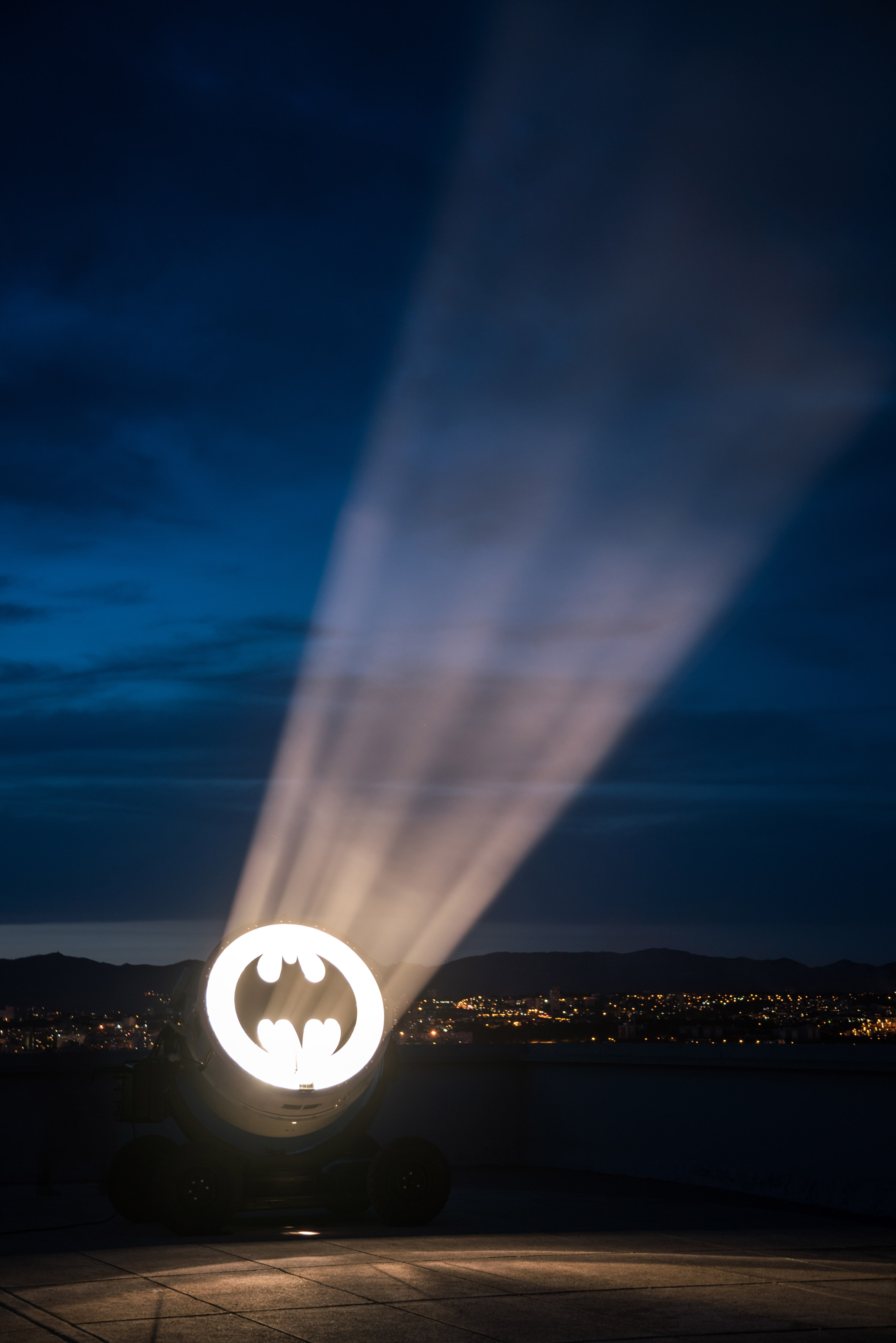 Bat Signal by Alex Israel on roof of Le Corbusier's Cité Radieuse in Marseille