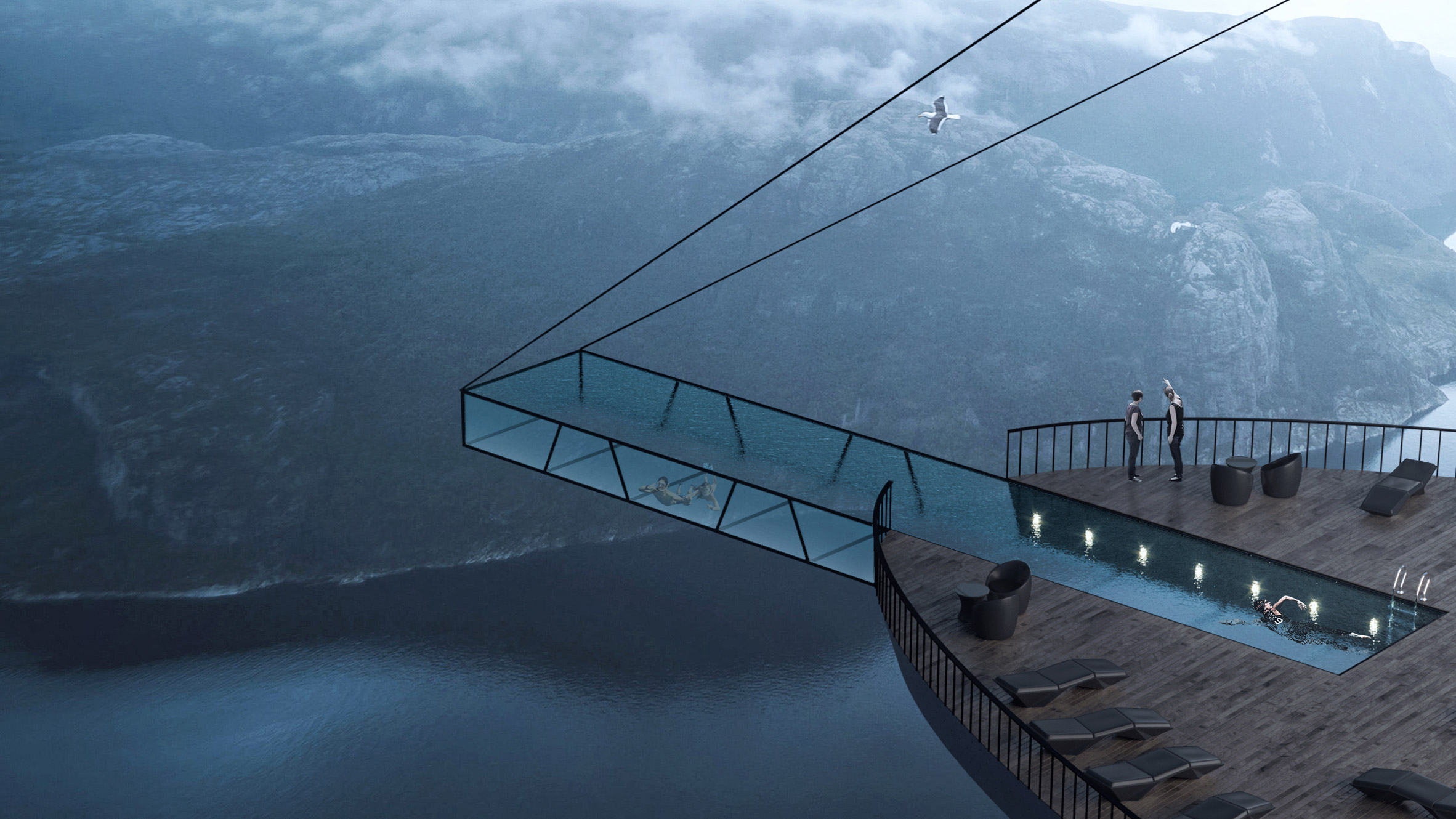 Cliff Concept Boutique Hotel with cantilevered swimming pool by Hayri Atak Architectural Design Studio in Norway