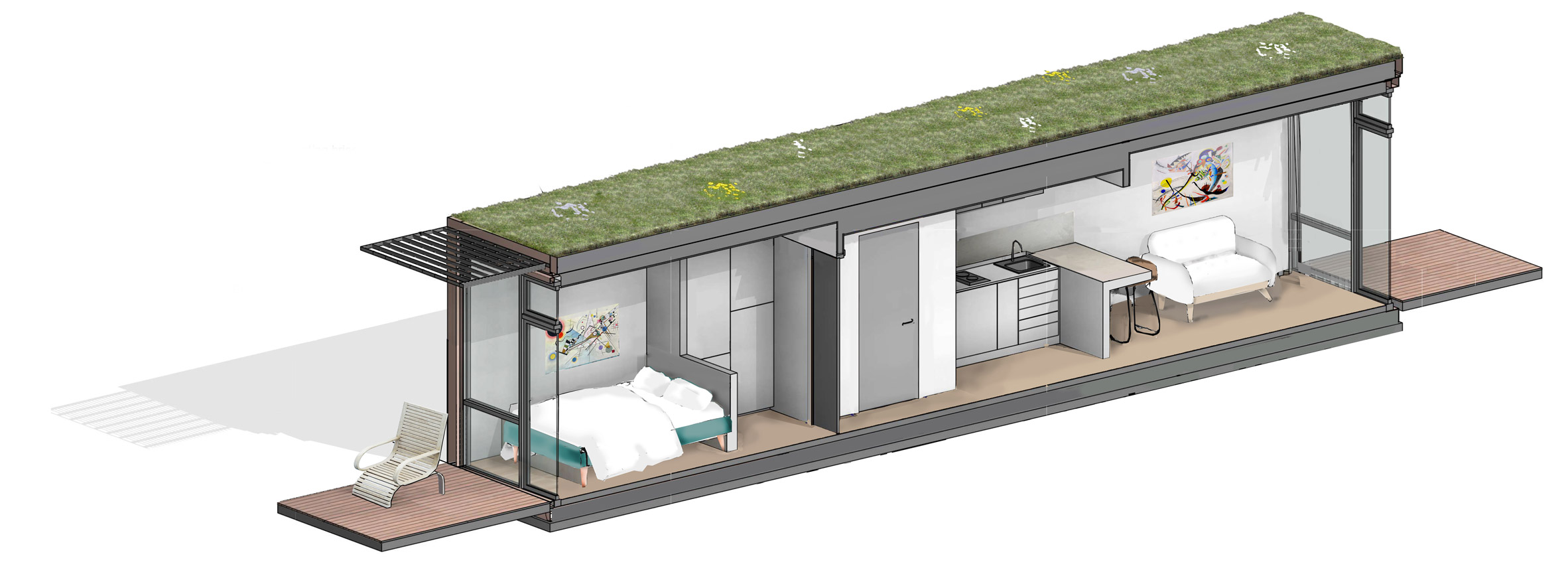 Shipping container micro homes with green roofs designed by Fraser Brown MacKenna Architects