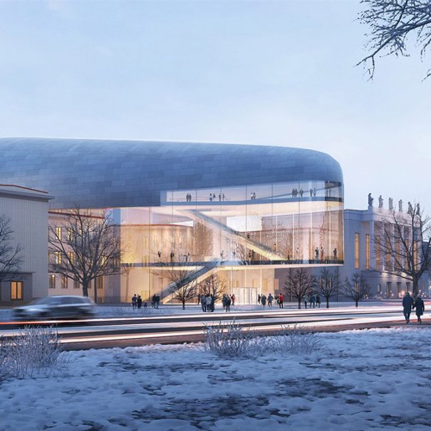 A zinc-clad concert hall by Steven Holl Architects and Architecture Acts will cantilever over the 1960s modernist House of Culture in Ostrava, Czech Republic.