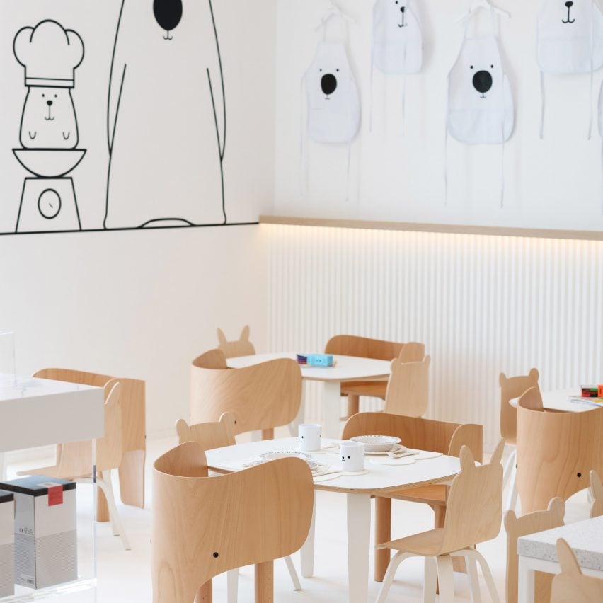White & The Bear children's restaurant has white surfaces and timber furnishings