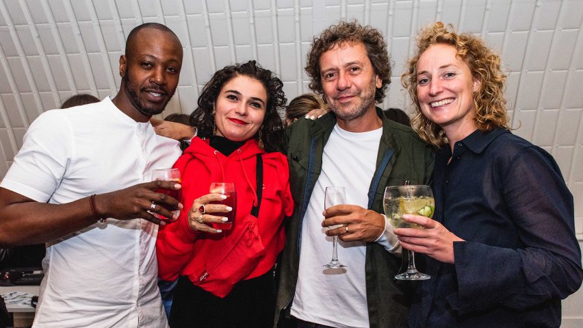 Marcus Thomas and Dezeen Awards 2019 judge Nelly Ben Hayoun with Dezeen's founder and editor-in-chief Marcus Fairs and Atelier NL co-founder Lonny van Ryswyck