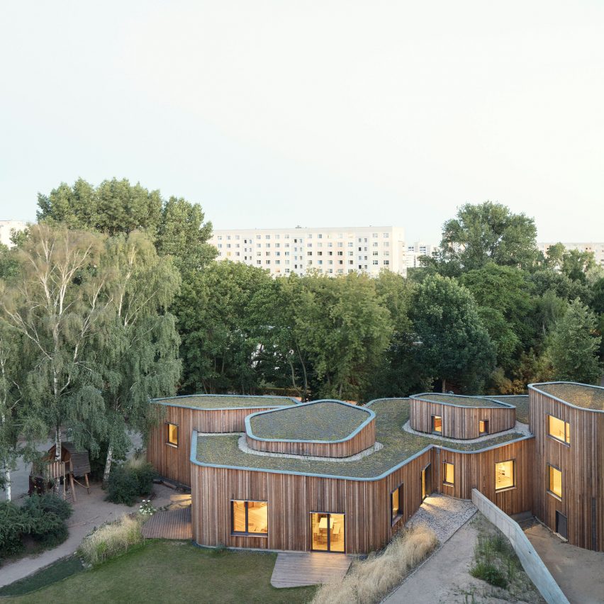 Curving larch wood buildings with green roofs form school extension in Germany