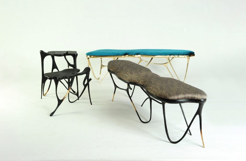 Apiwat Chitapanya for Masaya Ink Collection benches and stools in different colours and finishes