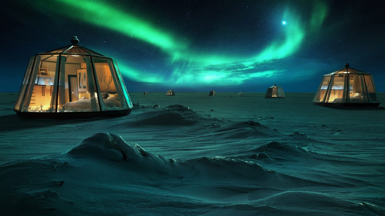 North Pole Igloos Hotel under the night sky