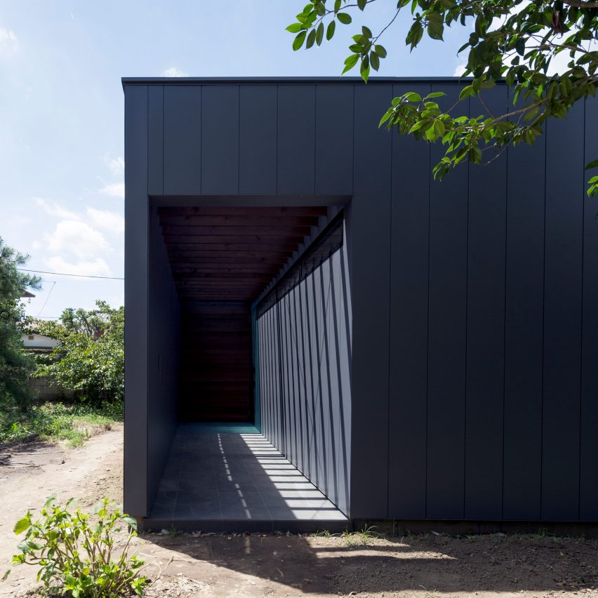 Monolithic black house conceals internal courtyard containing a single tree