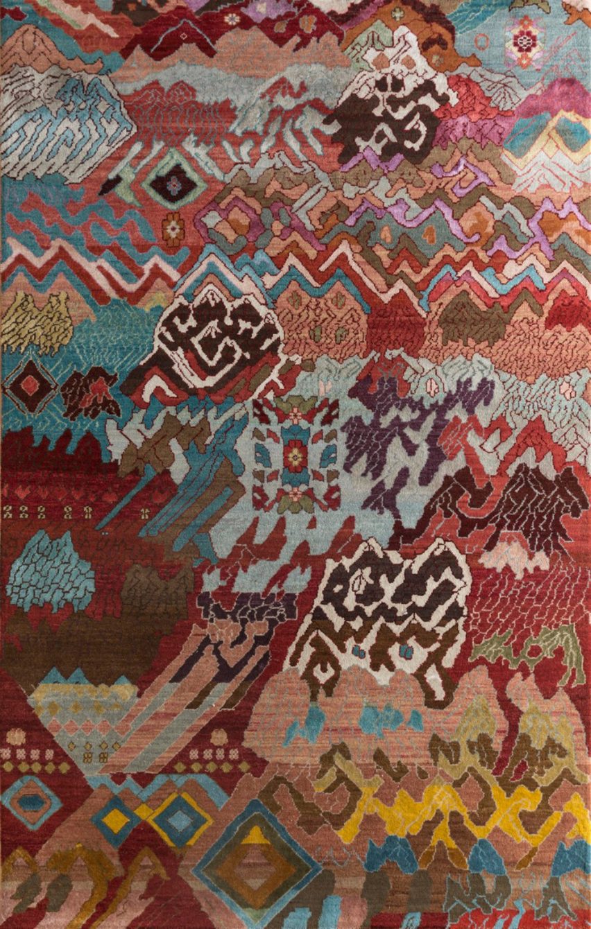 Manju Devi's abstract Aas Pass rug is inspired by rural village life