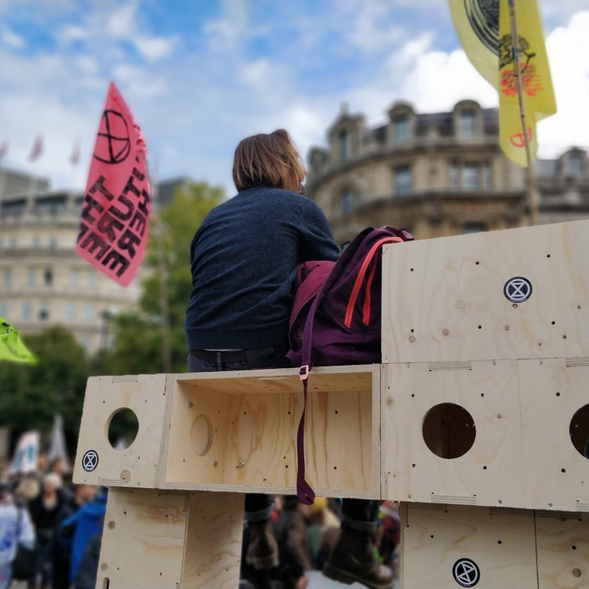 Modular boxes used by Extinction Rebellion are "protest architecture"