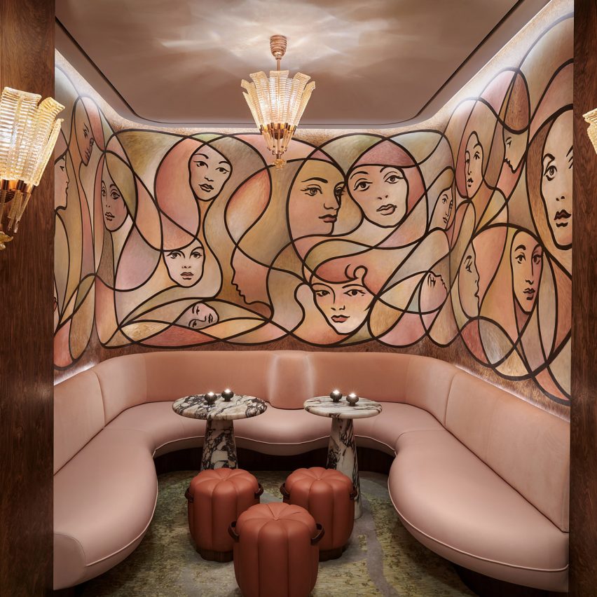 A photograph of The Berkeley featuring blush-hued wall murals and upholstery.