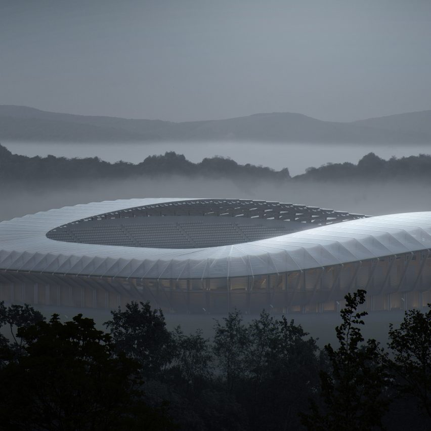 Render del estadio de madera maciza Forest Green Rovers por Zaha Hadid Architects