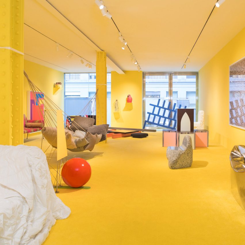 Bright yellow Friedman Benda exhibition explores comfort in furniture
