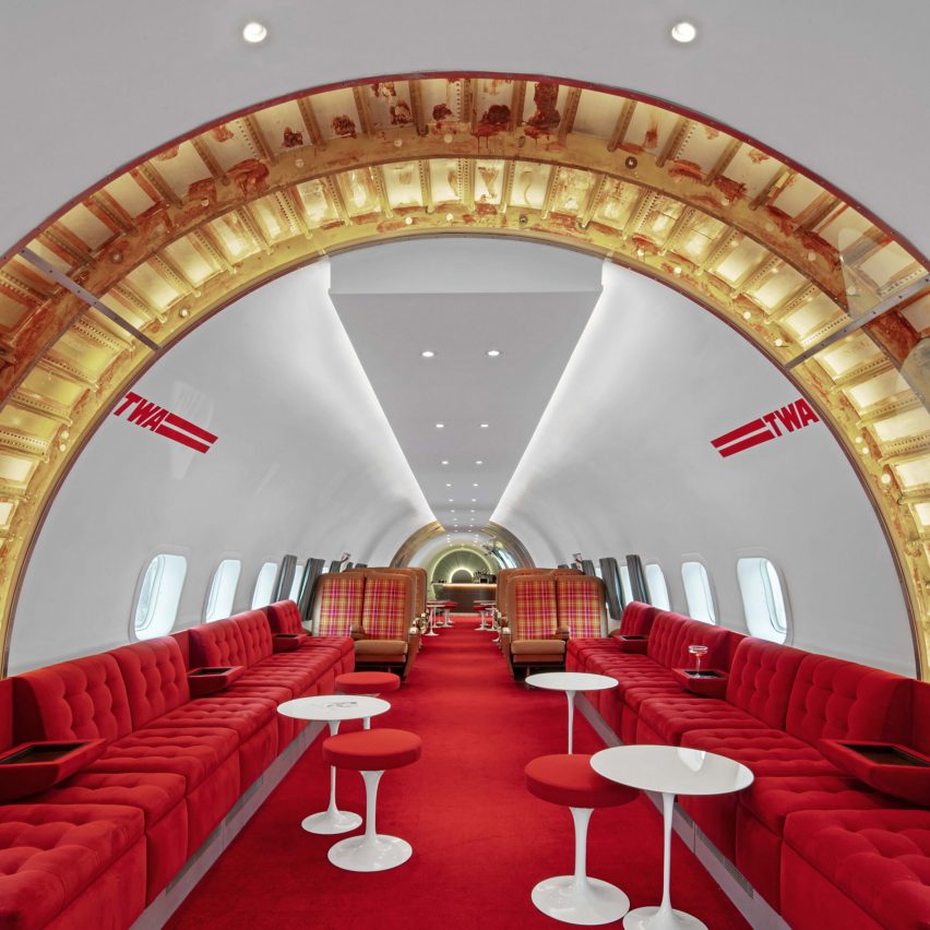 Stonehill Taylor designs retro Connie bar inside a plane at JFK's TWA Hotel
