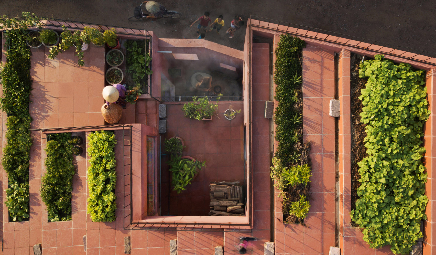TAA Design tops red house in Vietnam with a stepped vegetable garden