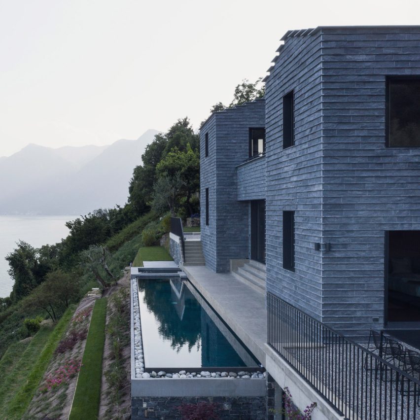 Lorenzo Guzzini builds stone house with infinity pool overlooking Lake Como