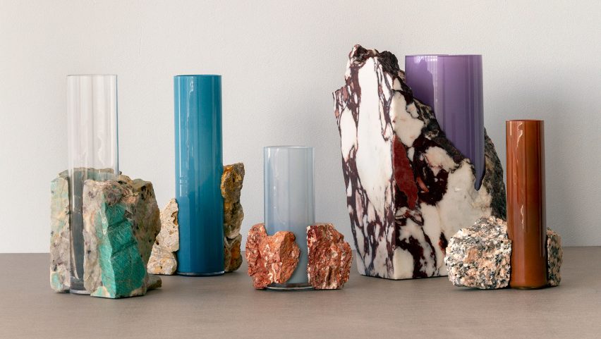 Studio EO's marble and glass Drill Vases are "part chaos and part control"
