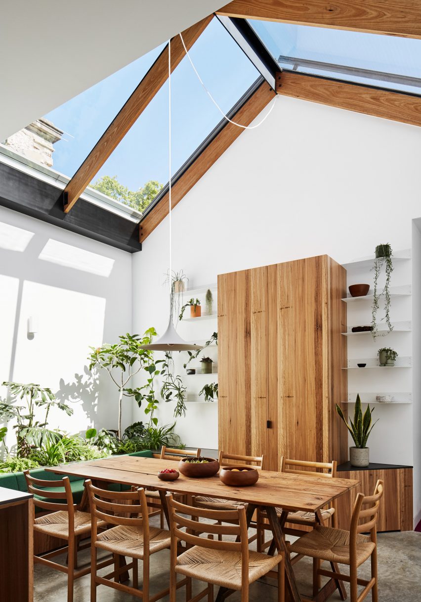 Plant-filled conservatory in dining space of Newry house by Austin Maynard Architects