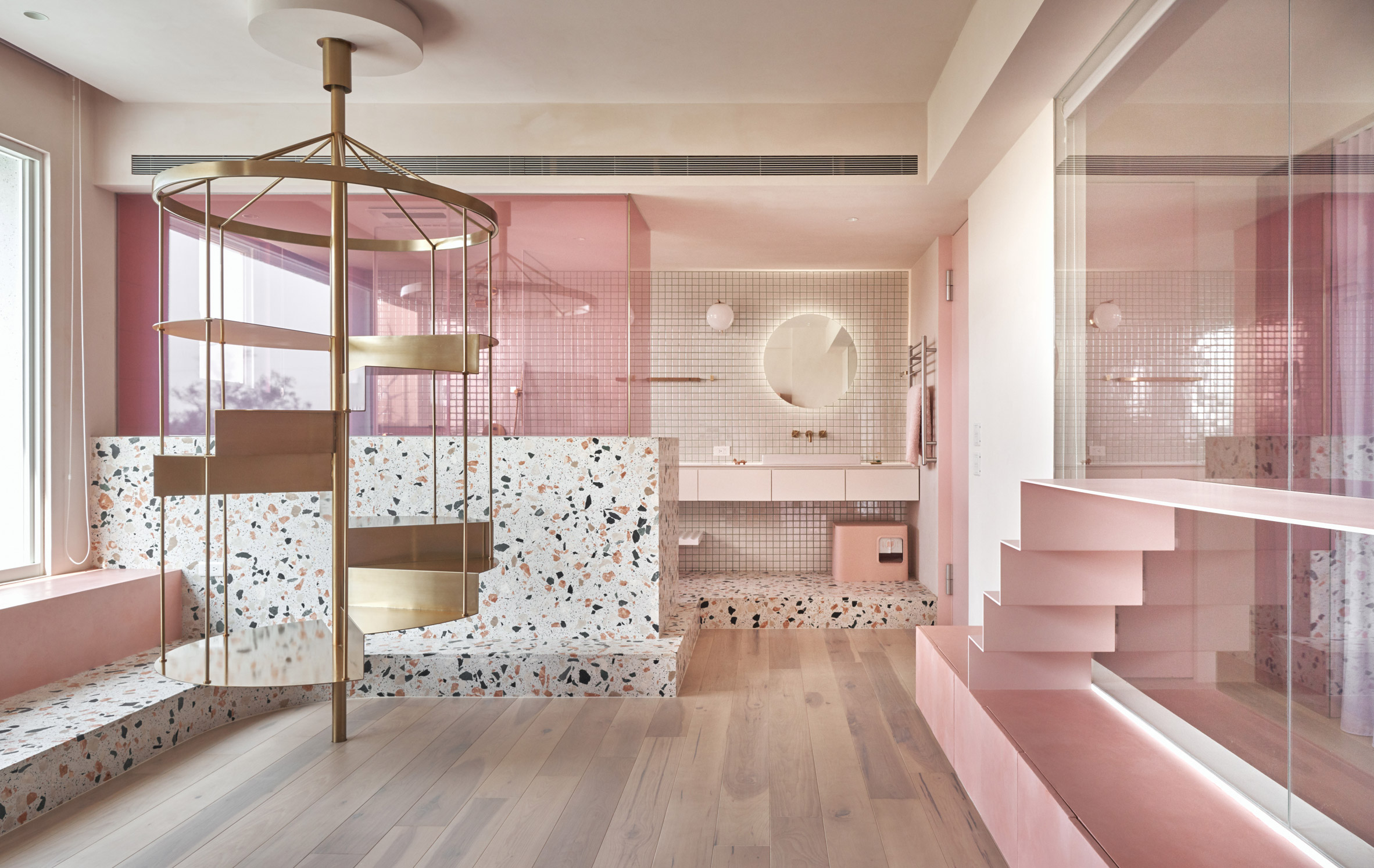 Pink holiday home by KC Design Studio features dedicated cat room